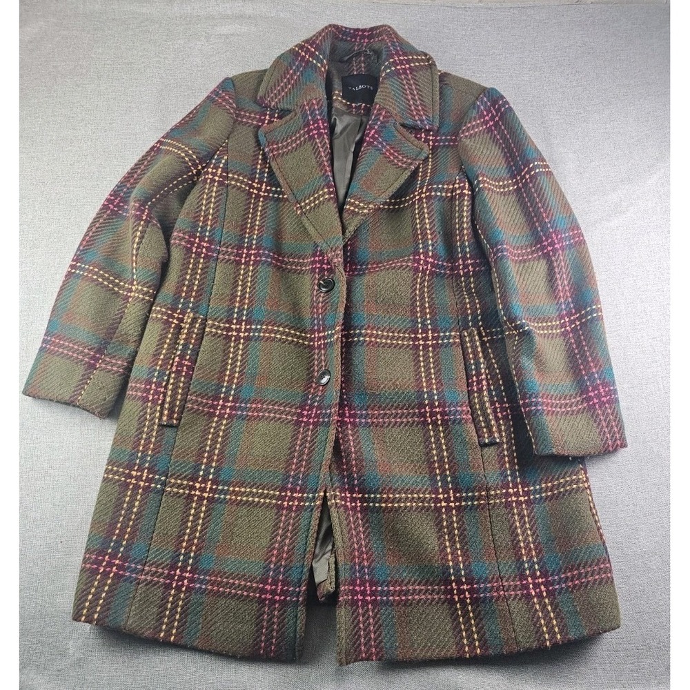 Talbots Overcoat Womens Size 14 Green Tweed Wool Blend Plaid Fully Lined